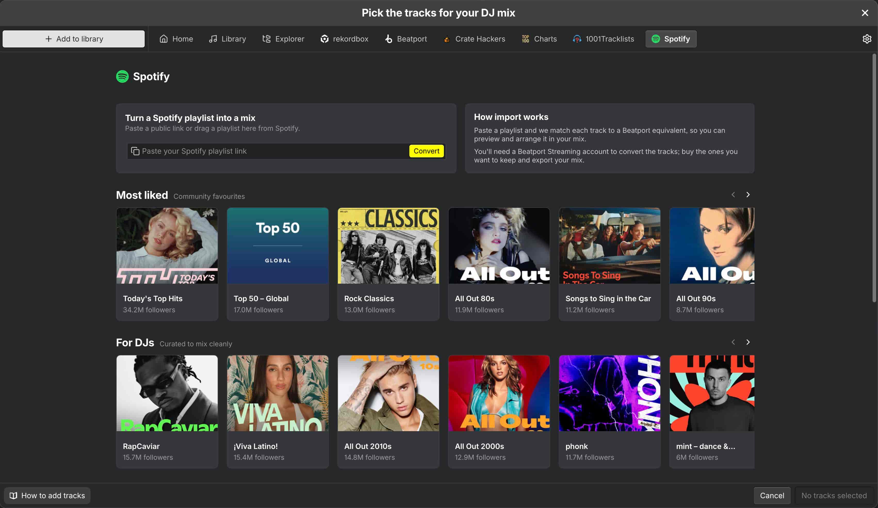 Importing a Spotify playlist into DJ.Studio for Beatport or Beatsource matching