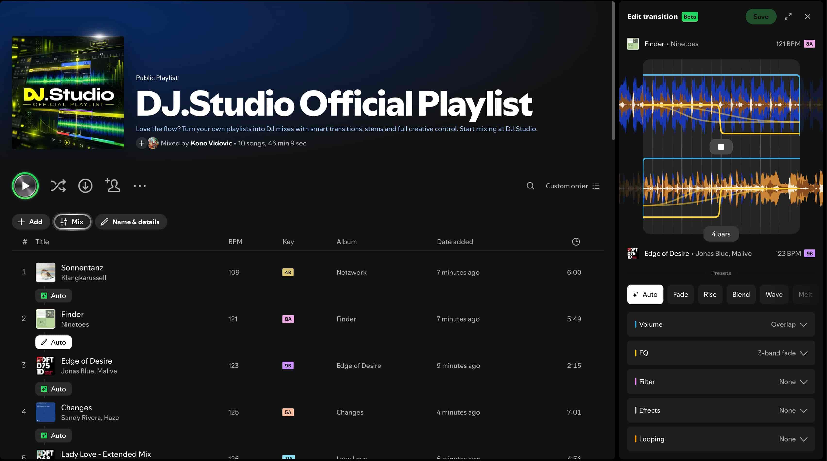 Spotify Mixed Playlist showing BPM, song key and editable transitions