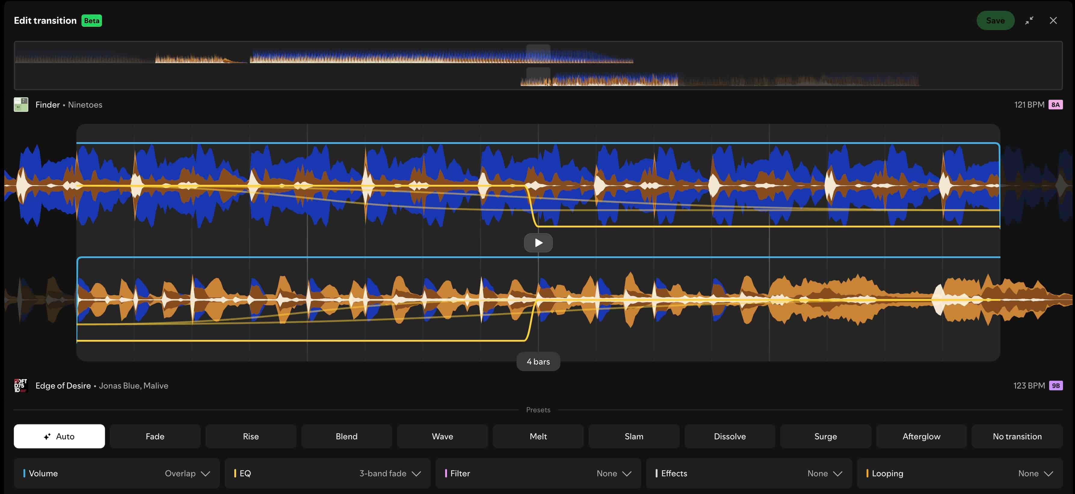 Editing volume EQ and effects in a Spotify Mixed Playlist transition
