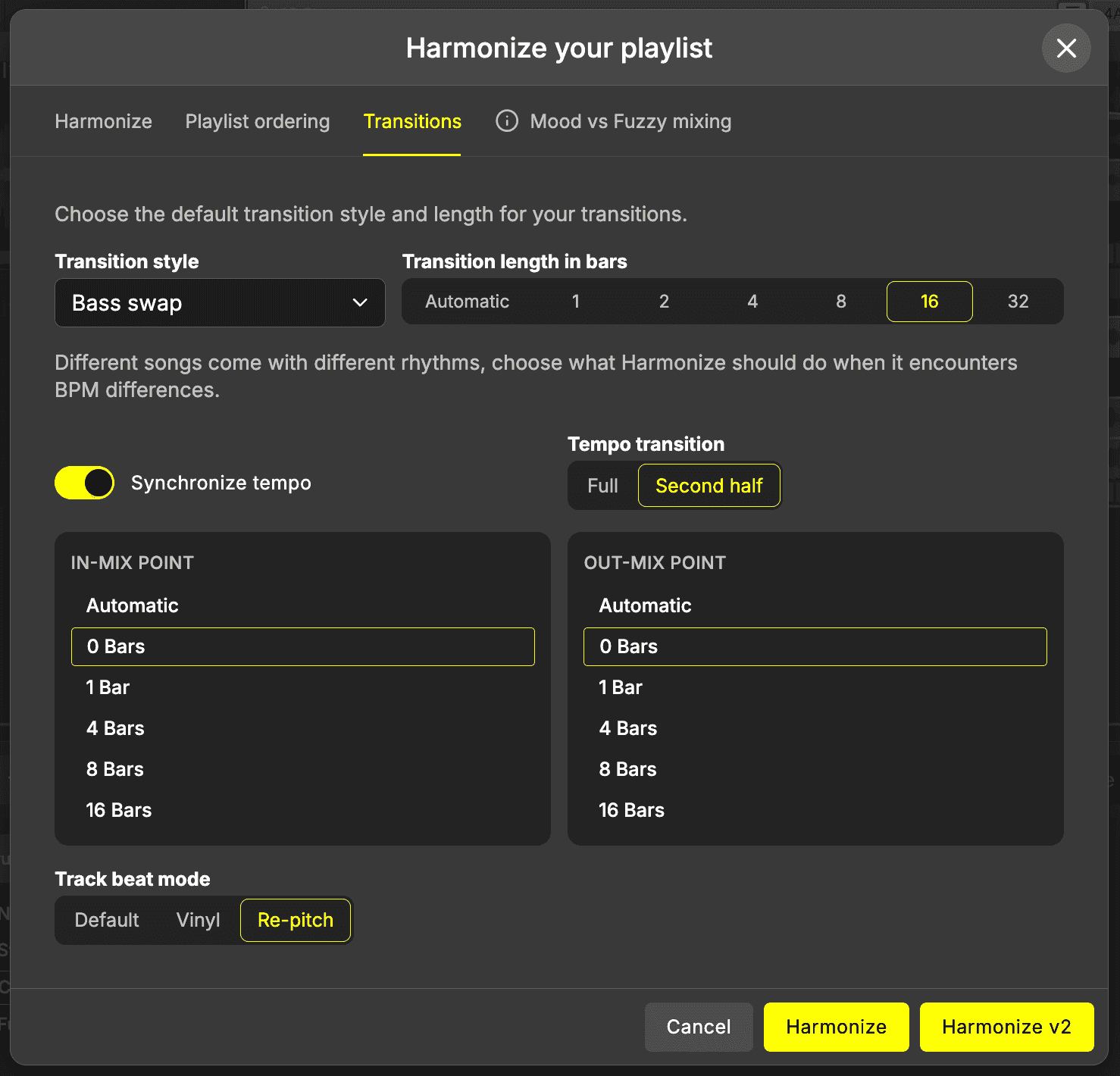 Settings when adding a new track