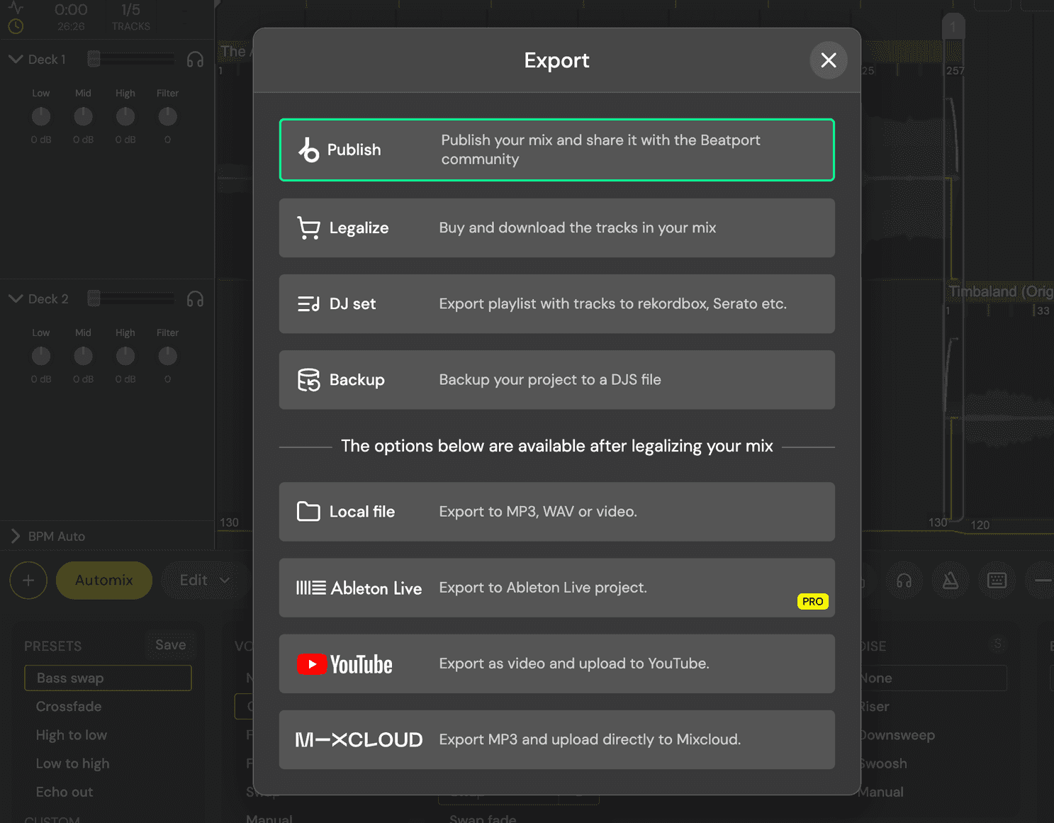 dj studio export mixes