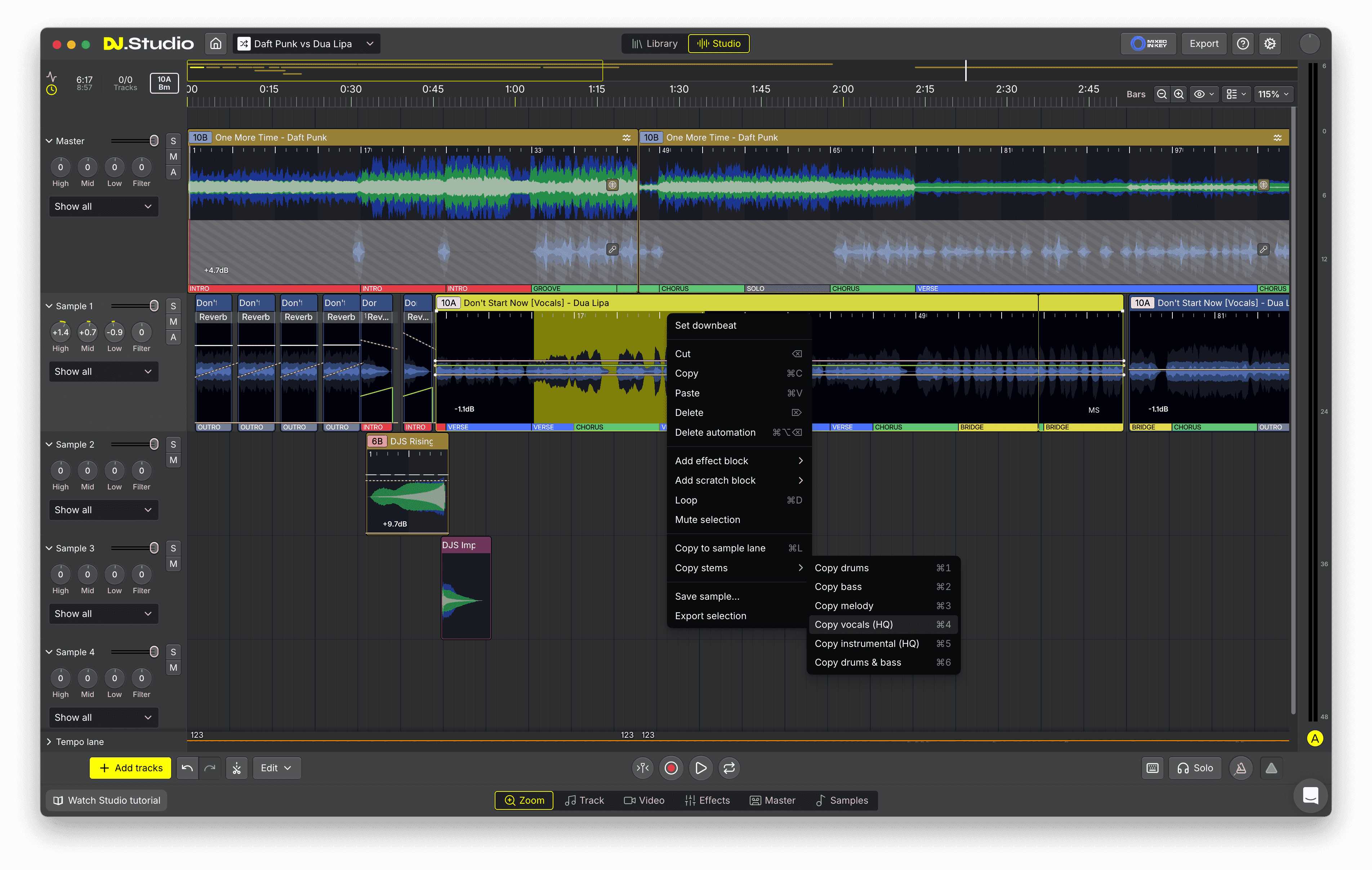 Stem separation options for vocals and instrumentals in DJ.Studio
