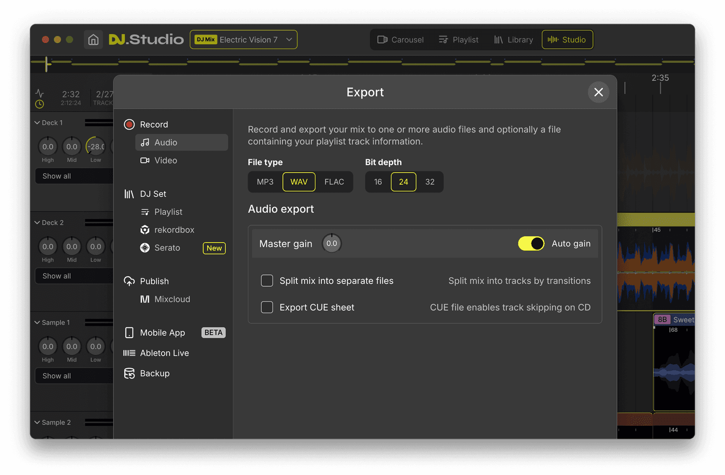 DJ.Studio Export panel showing the Contest submission option.