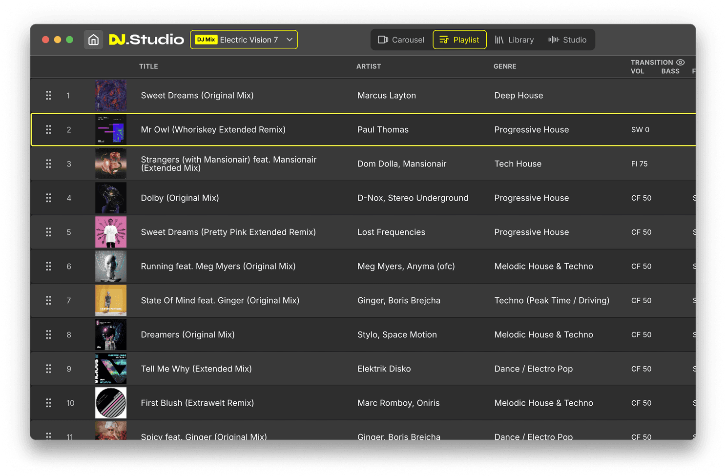 DJ.Studio library and playlist view showing imported tracks with BPM and key metadata.