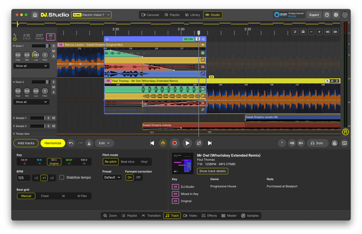 DJ.Studio timeline with tracks arranged as a complete mix.