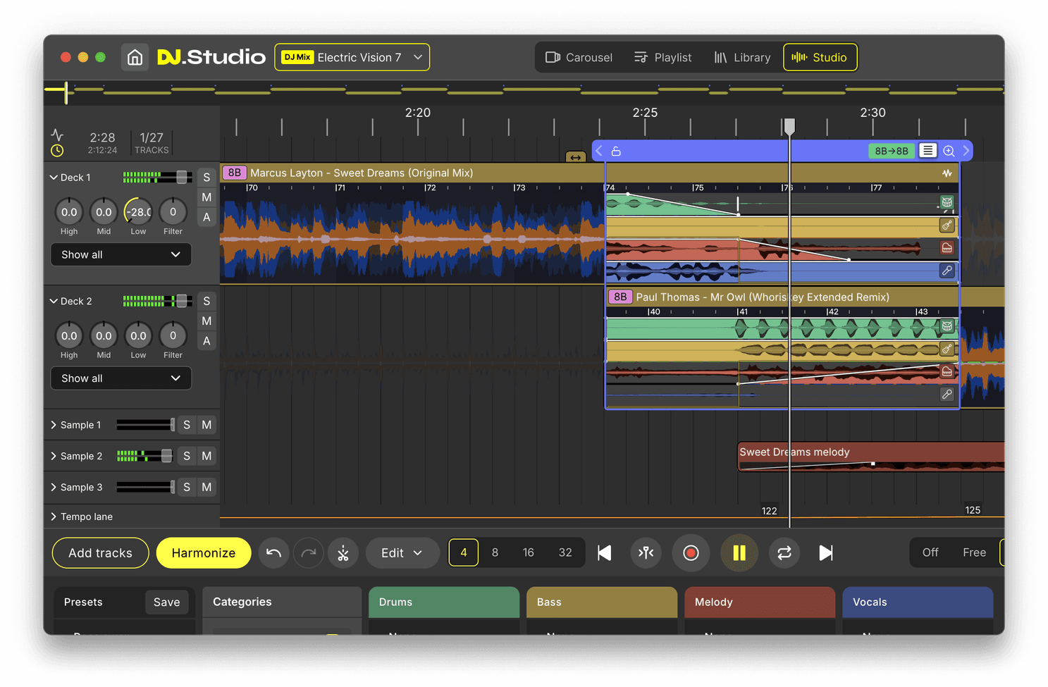 DJ.Studio Transition Editor showing two tracks with automation curves.