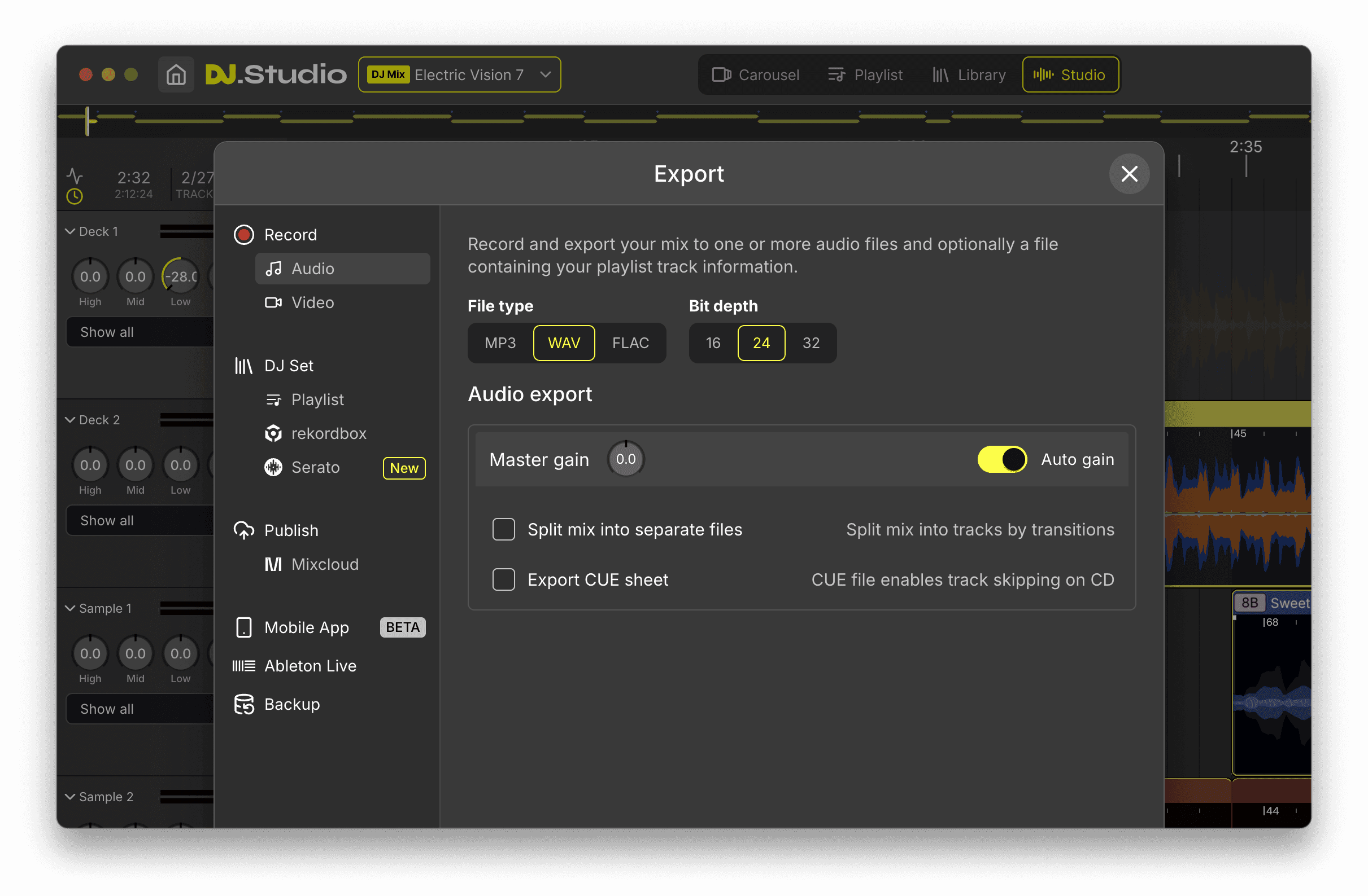 DJ.Studio Export panel showing audio format options, mastering settings and tracklist generation.