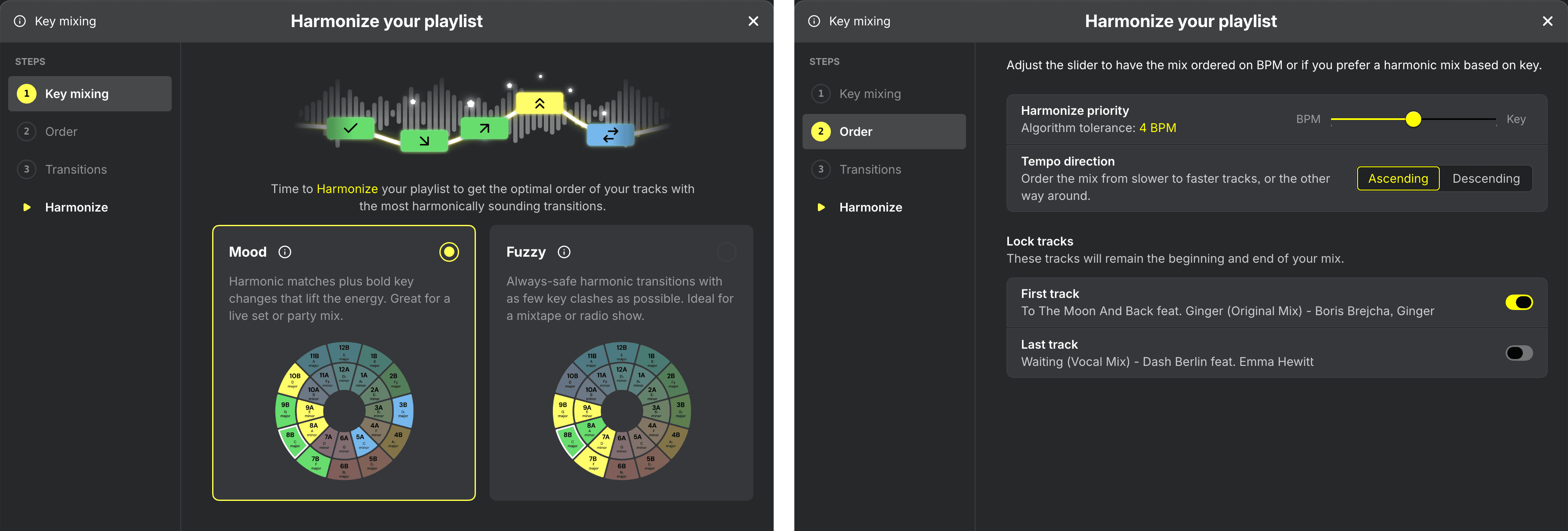 The Harmonize wizard in DJ.Studio: key mixing options and playlist order settings