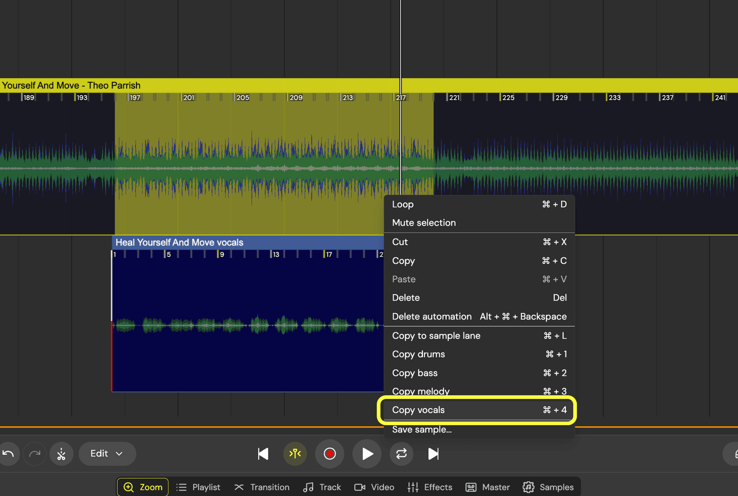 Copy vocals to the sample lane