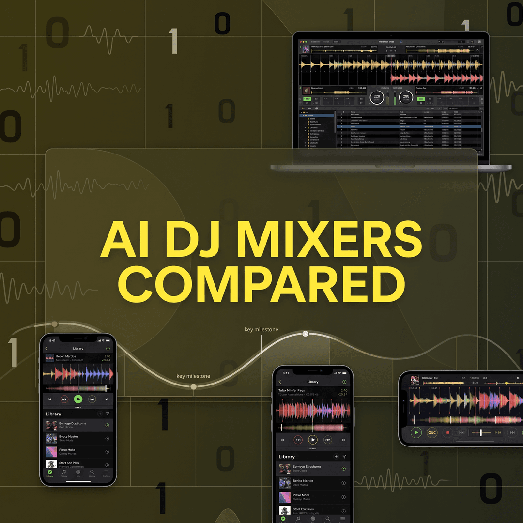 AI DJ mixer apps and software compared, with DJ mixing software on a laptop and mixing apps on phone screens